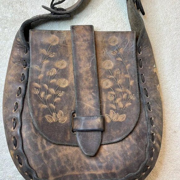 Vintage Hand Tooled Leather Satchel Shoulder Bag Purse Flower Floral Pattern - Picture 2 of 11